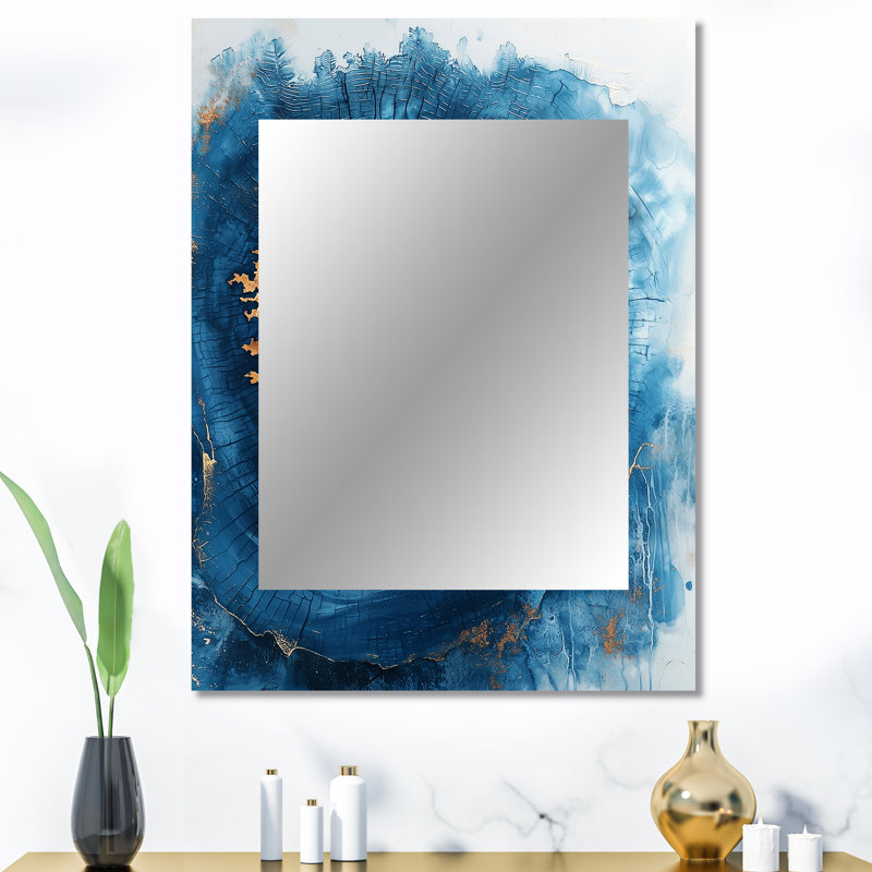 Gold Blue Aqua Wood Slice Reverie II - Tree Mirror, Modern Unique Wall Mirror, Printed Metal Art, 40" x 30"