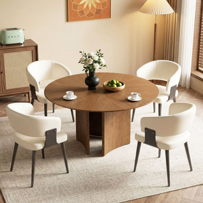 Ensemble de table de salle à manger moderne 59,05 po et 4 chaises rembourrées - Base de piédestal sculpturale - Noyer / crème