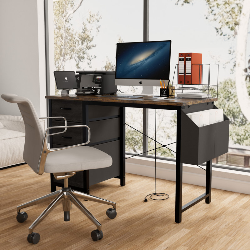 47"Office Desk With Power Outlet,3 Drawers,Side Pocket, Study Desk Easy To Assemble,Frame Stability Reversible For Home Desk, Company Computer Desk, Game Table,Vanity Table,