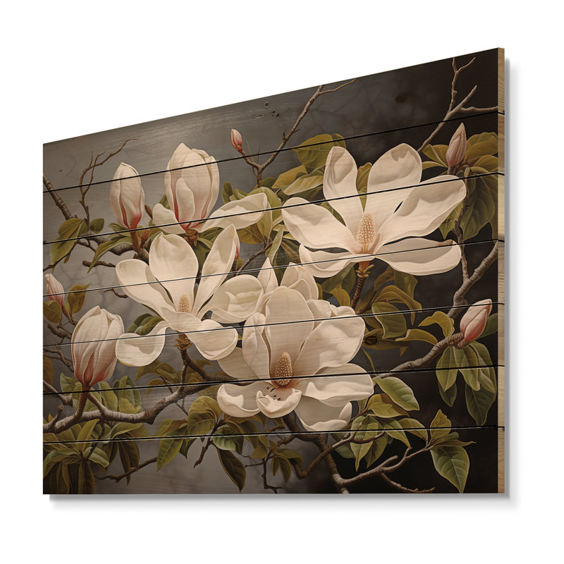 Blanc blanc vert Magnolias Magnolia sérénité sur bois, H 24 po x l 32 po x P 0,78 po