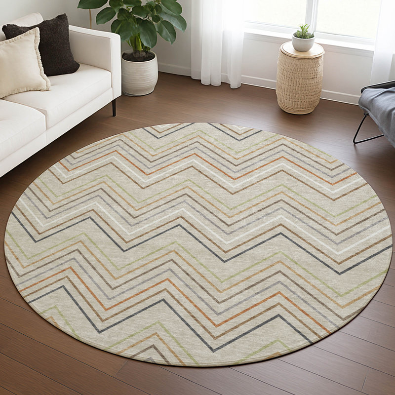 Machine Washable Indoor/Outdoor Keim ACN2392 Stripes Rug, Round 8'