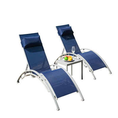 3 chaises longues de piscine en bleu - Chaises réglables en aluminium avec table d'appoint en métal pour terrasse près de la piscine, 5 positions, - Matériau et chaise d'extérieur (3) Aluminium antirouille, respirant (bleu, 2