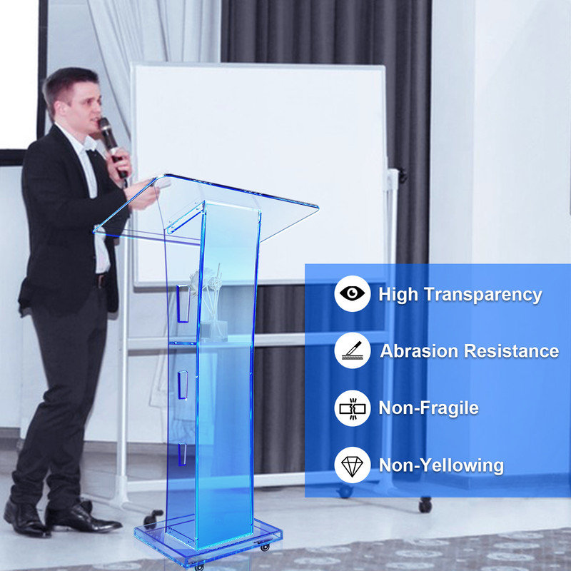 Acrylic Podium with LED Lighting, Clear Lectern Stand with Storage Shelf, Modern Presentation Stand for Church, Wedding, Conference, Classroom & Events