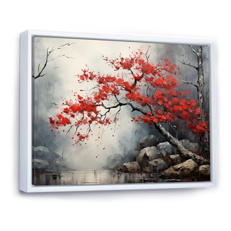 Fiery Red Maple Tree II - Art mural érable, Cadre flottant blanc, H 24 po x l 32 po x P 1 po