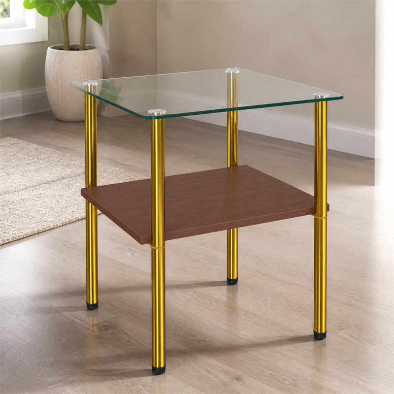 Table d'appoint en verre trempé avec tablette en panneau de fibres à densité moyenne, cadre doré