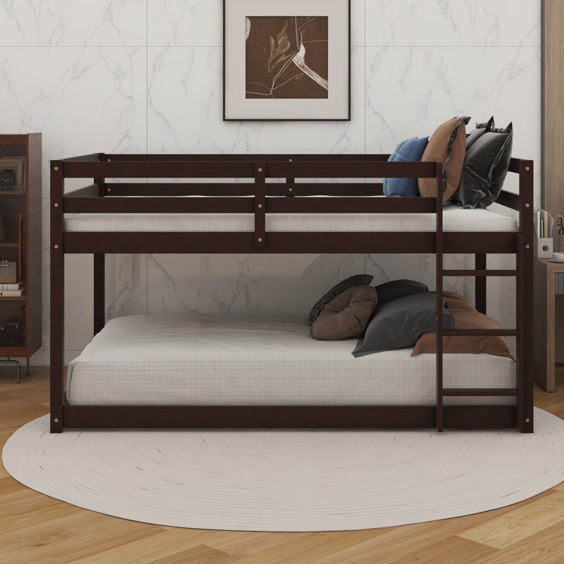 Wood Twin Over Twin Low Bunk Bed With Ladder, Gray
