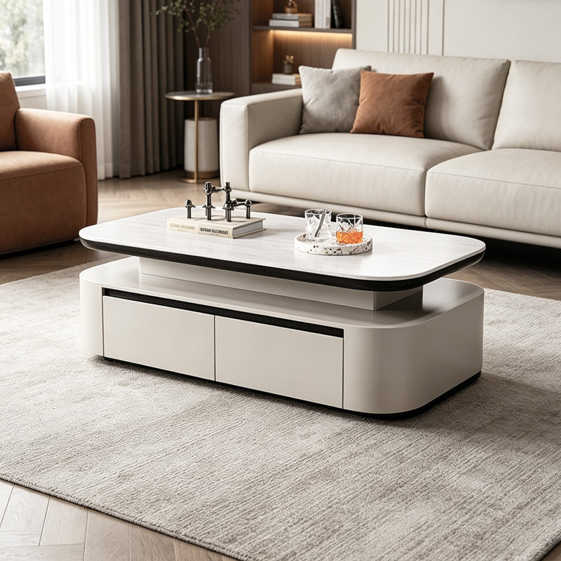 Table basse haut de gamme rectangulaire à 4 tiroirs, H 16,92 po x L 47,24 po x l 25,59 po