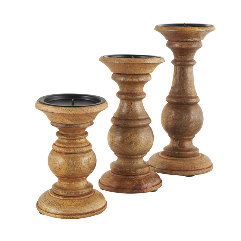 Ensemble de porte-bougies décoratifs de style pilier en bois de manguier tourné, Brun moyen