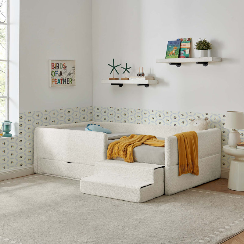 Lit douillet multifonctionnel pour enfants avec barrières de sécurité et rangement, Beige