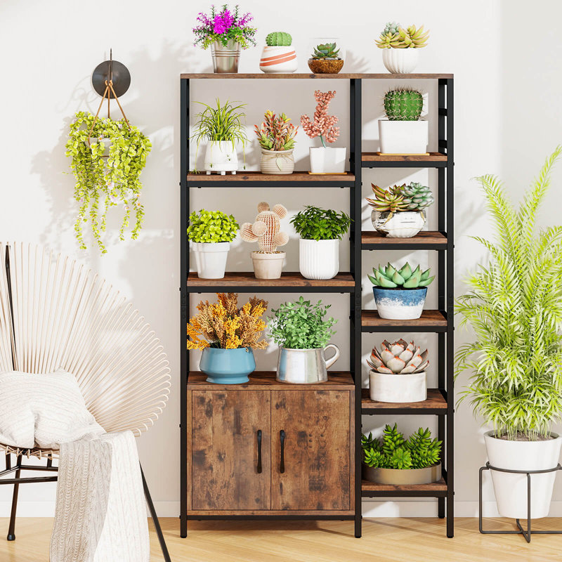 55.5" Tall Bookcase With 2-door Cabinet Metal Frame Freestanding Display Rack