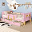 Twin Size Platform Bed with Storage Drawers, Solid Wood Beds Frame with Bed Guardrail, Small Shelf, and Hooks, No Box Spring Needed, Pink-1917016189-1917016176