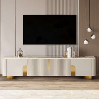 79" Luxury Marble Beige TV Stand with 4 Cabinets and Elegant Gold Legs