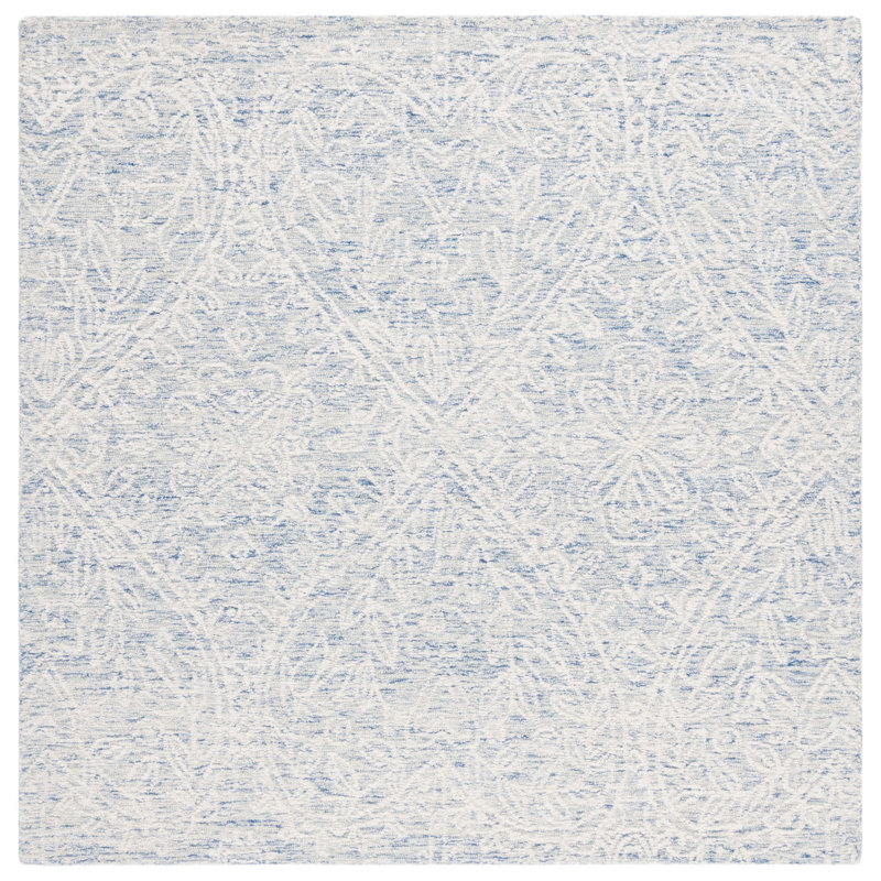 Blue and Ivory 6' Square Hand Tufted Wool Rug