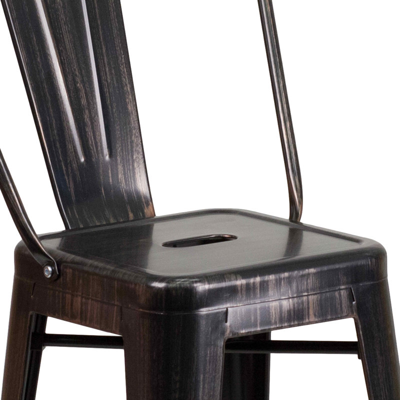 Iddings Metal Indoor-Outdoor Counter Height Stool with Back, Distressed Black/Antique Gold, 1