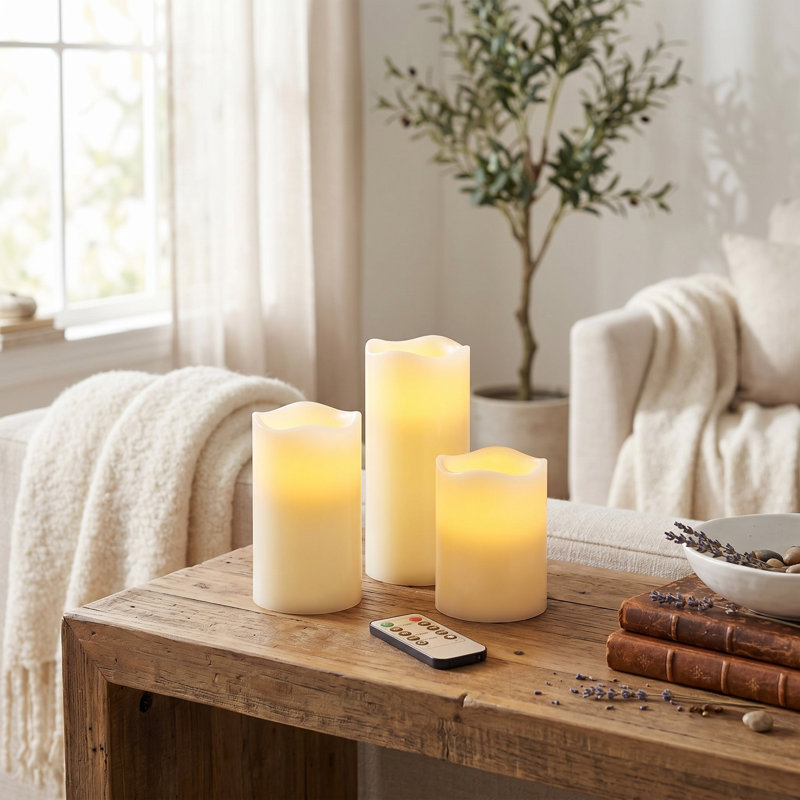 Set of 3 Ivory LED Candles with Remote Timer