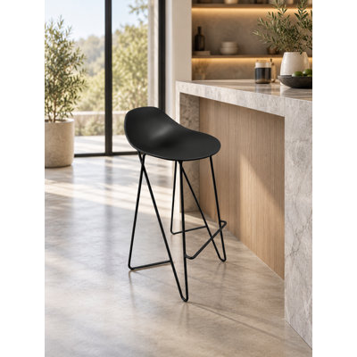     Pangea Home Lucillie Black Modern Monochrome Molded Plastic Bar Stools- 30" Seat Height - Hairpin Metal Legs and Footrest