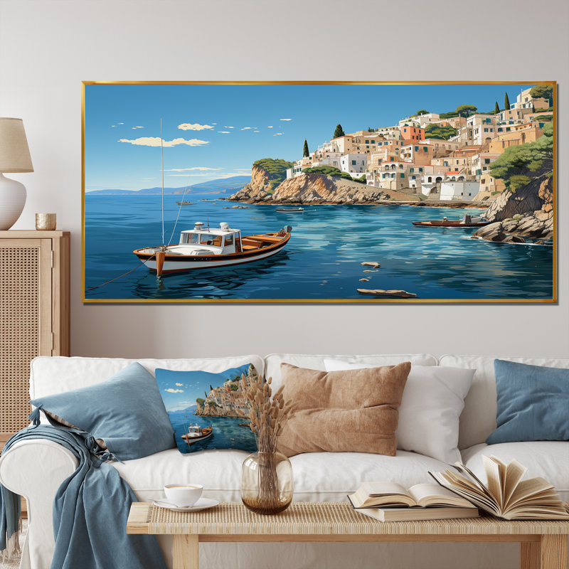 Capri, Italie, bleu, village méditerranéen III - paysage, Italie, décoration murale, Cadre flottant doré
