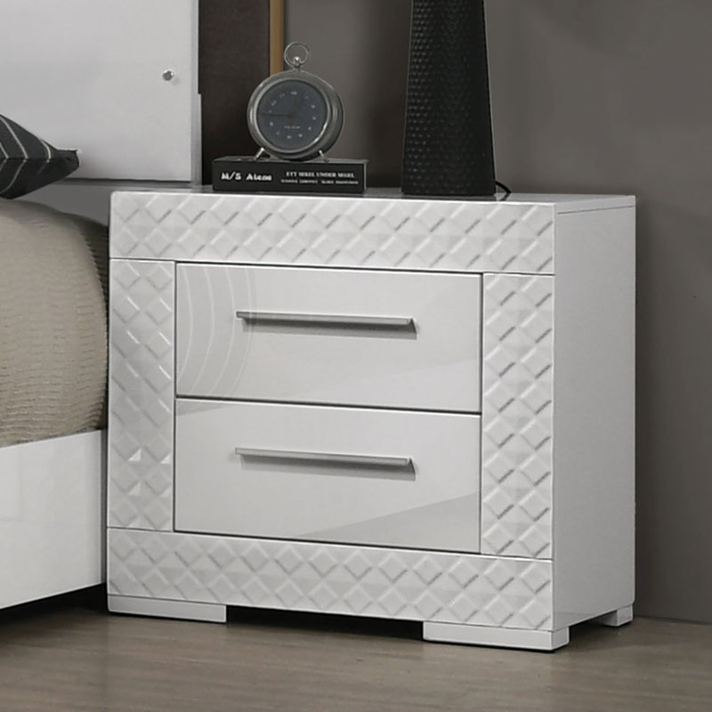 Table de chevet contemporaine blanche ultrabrillante avec 2 tiroirs en métal, glissières latérales, quincaillerie et pieds en bois pour la chambre à coucher