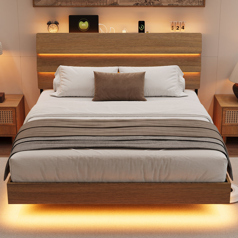 Einhomn Full Size Floating Bed Frame With Led And Charging Station,metal Platform Bed Frame With Storage Headboard,no Box Spring Needed,noise-free,easy To Assemble,walnut