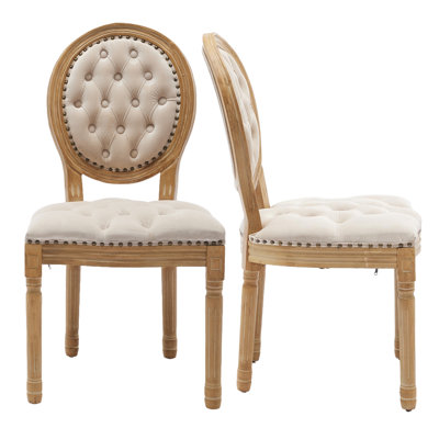 French Style Dining Chair Set Of 2 - Antique Wood Frame, Velvet, High Backrest, Nailhead Trim