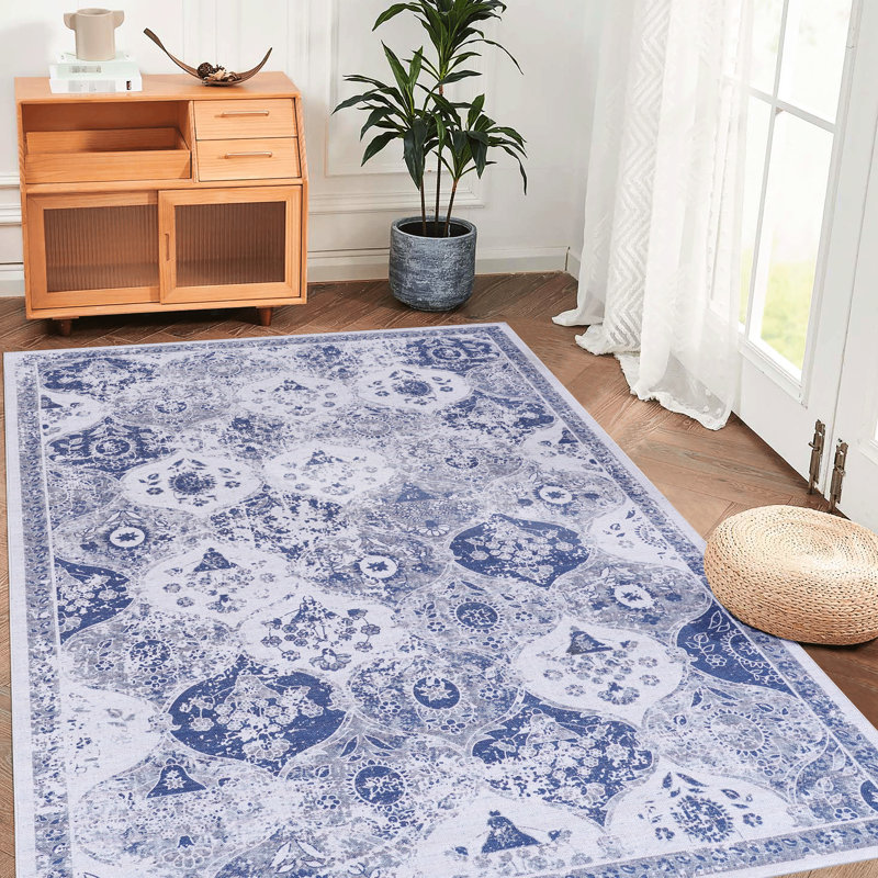 Washable 6X9 Area Rug, Blue, Non-Slip, Low-Pile, For Living Room, Bedroom, Kitchen, Dining & Pet Style Blue Rug 6X9, Washable, Home Beautification,