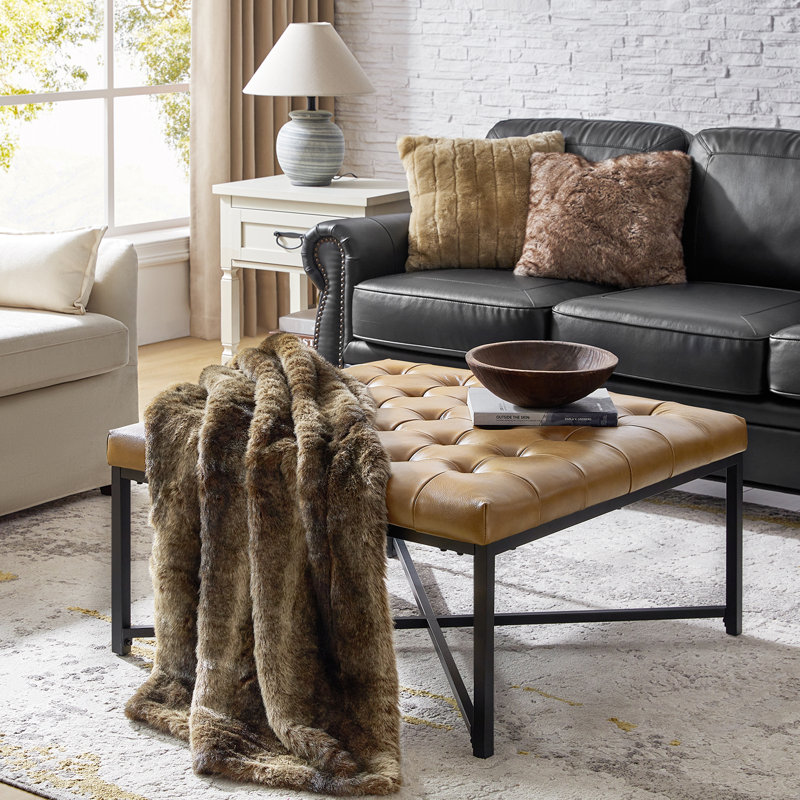 Anahli Tatiana Modern 36.5"W Genuine Leather Coffee Table with Button-Tufted, Camel