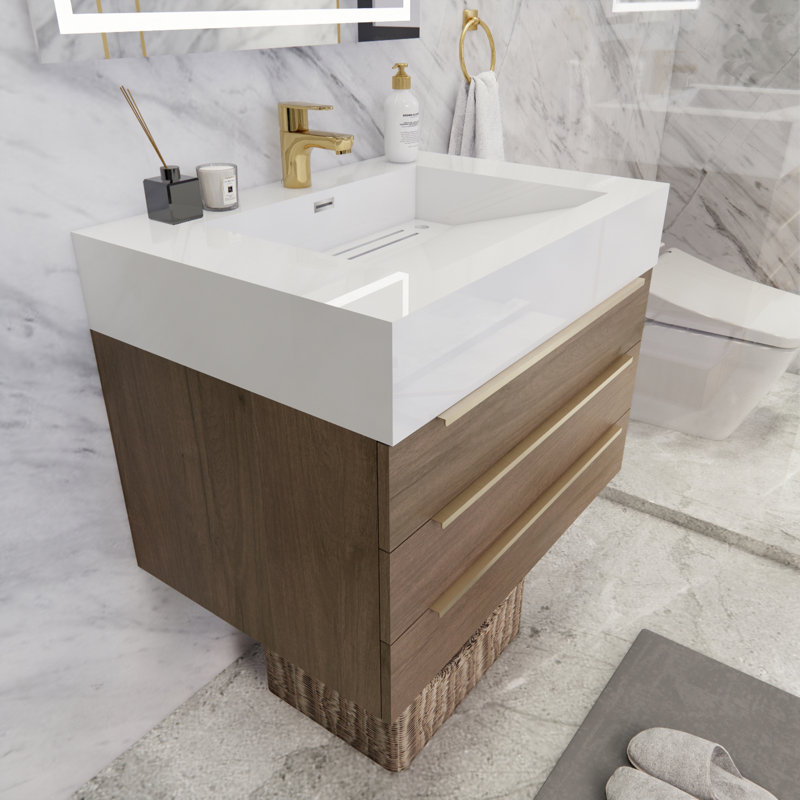 Ensemble de meuble-lavabo mural simple 29,5 po Glasgow, Blanc lustré, Chêne