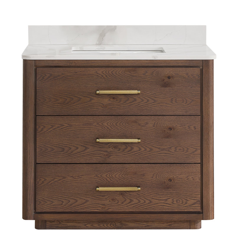 Porto 36'' Free Standing Single Bathroom Vanity with Quartz Top, Dark Brown Oak, Gold