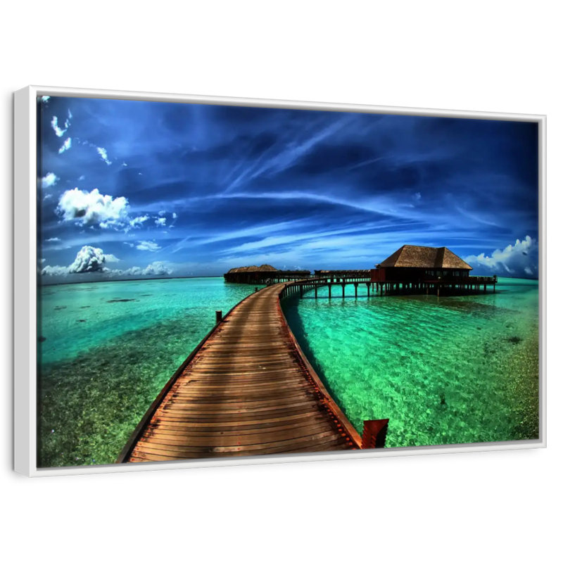 Maldives Bungalow Dock, Floating Frame White, 25" X 17"