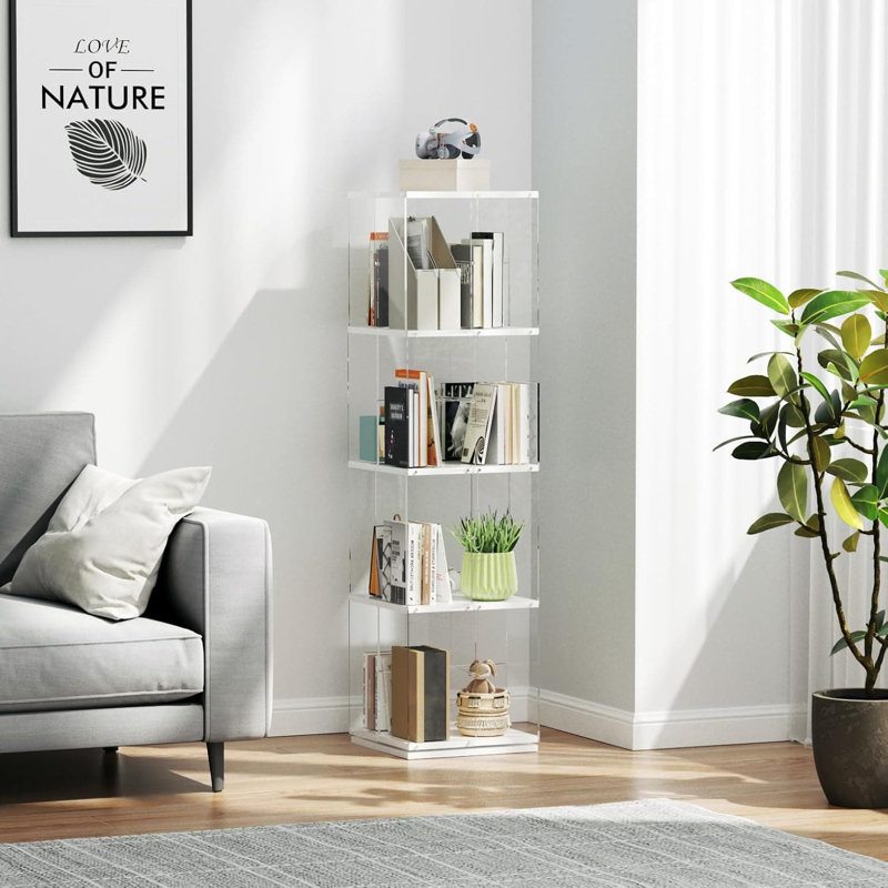 Bibliothèque pivotante à 360 degrés avec tablettes en acrylique, bibliothèque rotative autoportante à 4 niveaux pour le bureau à domicile et le rangement du salon