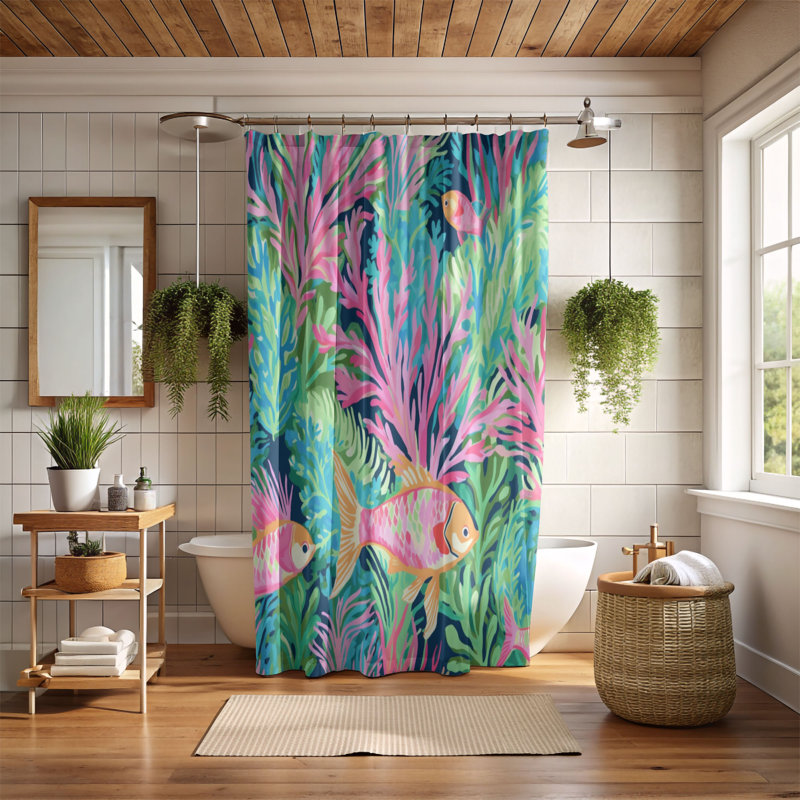 Rideaux de douche 1 pièce Elegant Fish Motifs, H 74 po x l 71 po