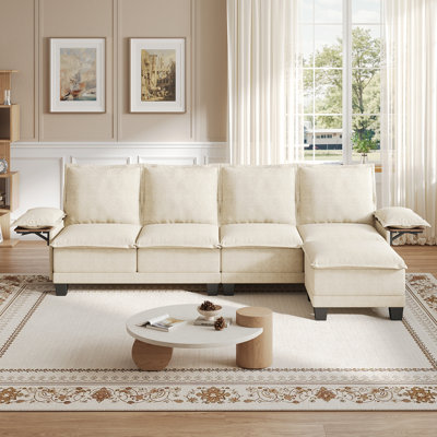 122" Waterproof Chenille L-Shape Sofa With Collapsible Table, 4-Seat Sectional Upholstered Couch With Ottomans For Living Room, Apartment
