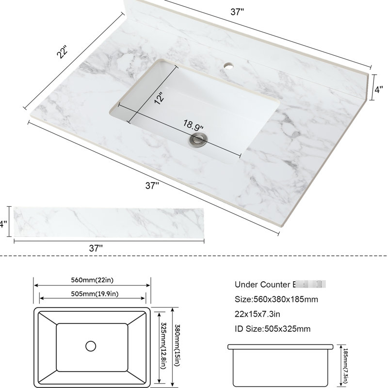 Comptoir de meuble-lavabo 37 po x 22 po - Le meuble-lavabo encastré en céramique blanc fritté complète les plateaux de style rectangulaire avec une armoire standard de l 36 po x P 21 po