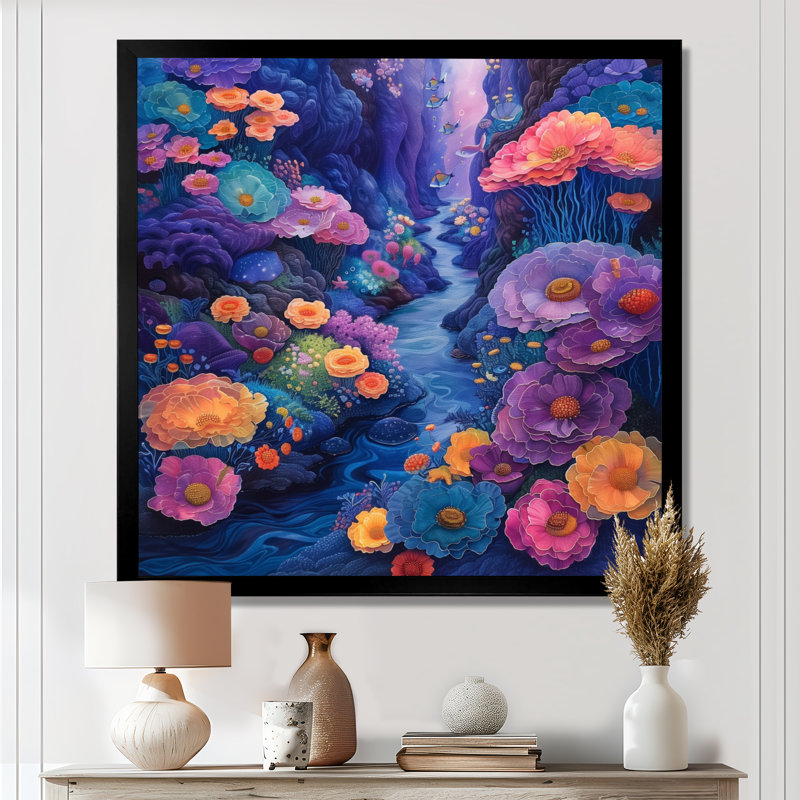 «Blue Coral Sea Floor Symphony III», impression d'art mural corail, H 16 po x l 16 po, Encadrement argenté