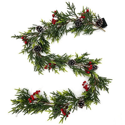 6 ft Pre-Lit Red Berry Christmas Garland with 30 LED Lights, 8 Lighting Modes, 6-Hour Timer