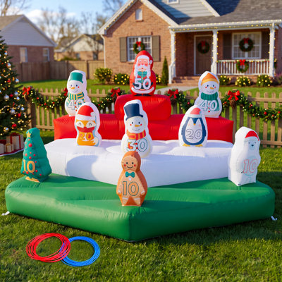 Jeu de lancer d'anneaux gonflable Wellcomer de 3 m (10 pi) avec 20 anneaux et souffleur intégré, jeu de kermesse interactif gonflable pour fêtes de Noël, événements intérieurs et extérieurs