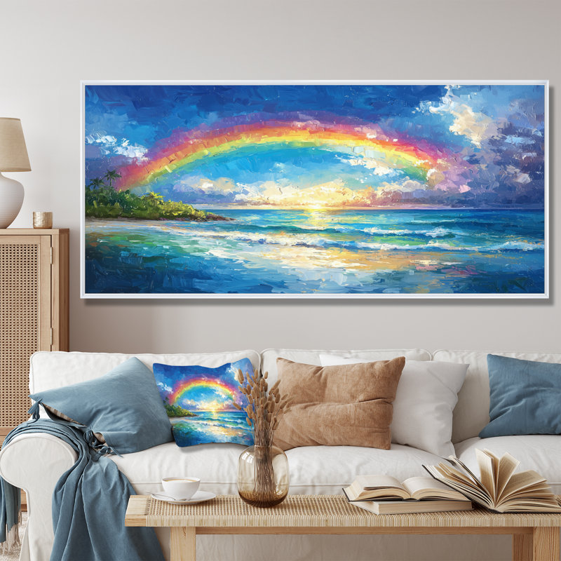 Arc-en-ciel dans les îles tropicales - art mural arc-en-ciel, H 28 po x l 60 po, Cadre naturel flottant