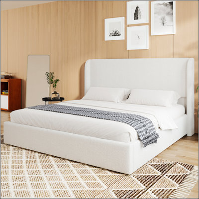 King Size Boucle Bed Frame, Upholstered Cloud Bed Frame With Headboard, Metal Legs And Slats, No Box Spring Needed, White