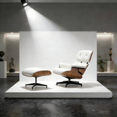 Mid Century Chaise Lounge Chair With Ottoman, Top Grain Leather, Modern Office Chair Classic Design, Heavy Duty Base Support For Living Room Study Lounge Office