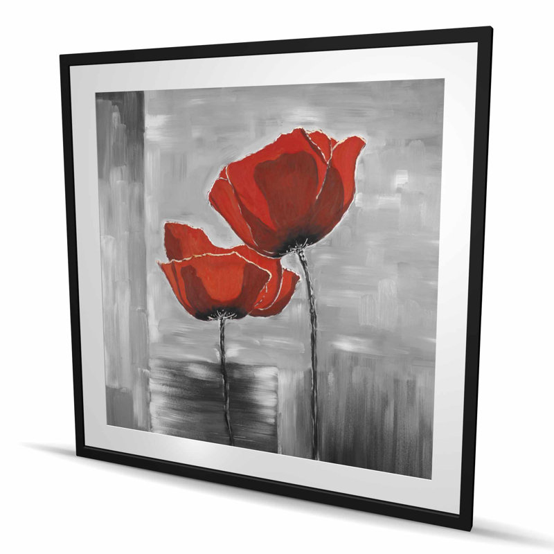 Deux fleurs rouges en niveaux de gris | Impression encadrée avec passe-partout, H 48 po x l 48 po, Noir