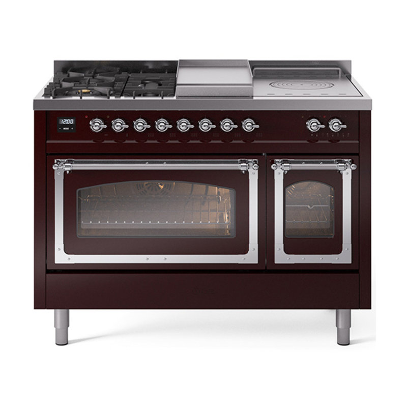 ILVE Nostalgie II Noblesse 48 inch Dual Fuel Range (5 Sealed Burners + Griddle + French Top, Triple Glass Door), Burgundy