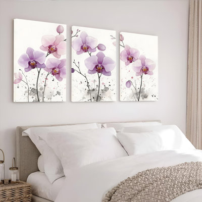 «Mauve Orchidée florale», reproduction d'art sur toile tendue sur toile (ensemble de 3)