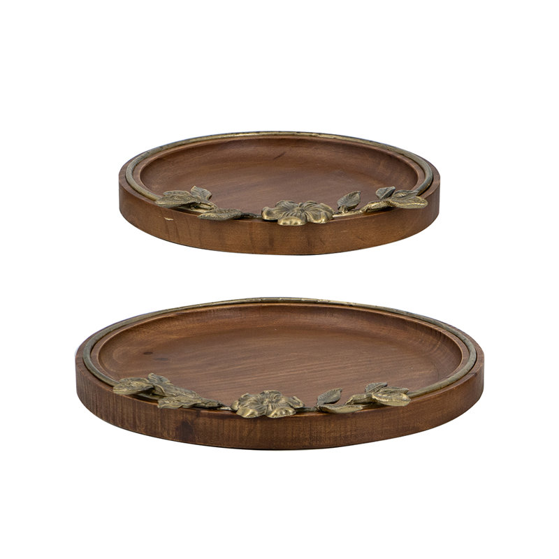 S / 2 plateaux décoratifs en bois de pin brun avec accent doré L: 14,5 x 15,5 x 1,5 po S: 11,5 x 12 x 1,5 po
