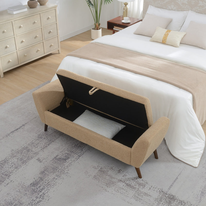 Banc de rangement rembourré en tissu Teddy Mid-Century en tissu, 152 cm, avec pieds en bois, couleur café, idéal pour le salon et la chambre.