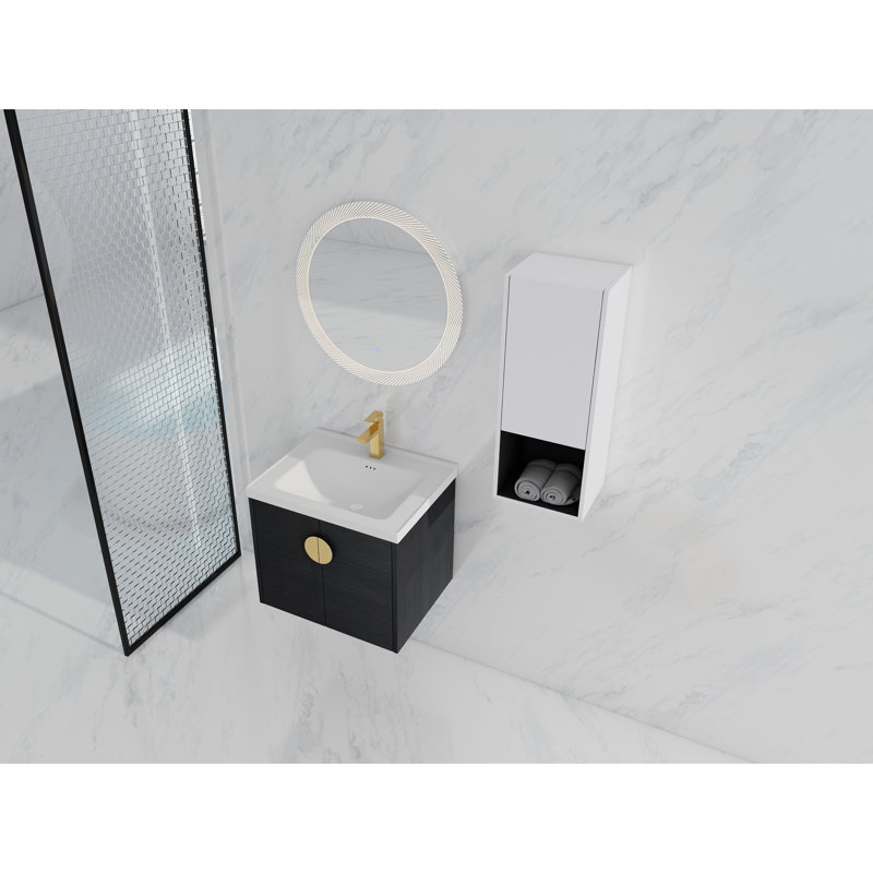 Meuble-lavabo moderne avec lavabo en céramique et armoire de rangement latérale - Étagère murale de 61 cm (24 po) en châtaignier noir