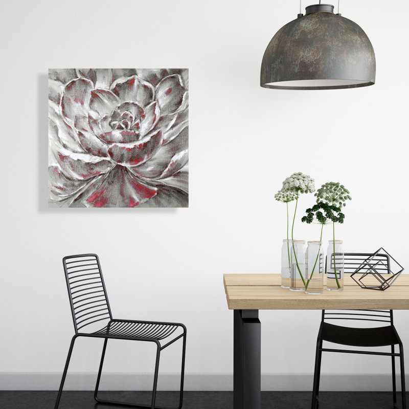 Fleur grise et rose | Art mural contemporain sur toile grise, H 24 po x l 24 po