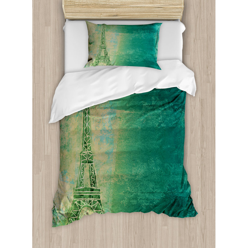 Teal Mustard Eiffel Tower Twin Duvet Cover Set
