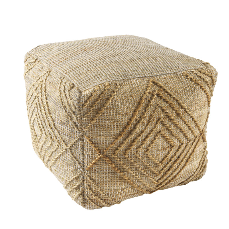 Chatav Hand-woven Jute Geometric Tan Upholstered Ottoman Pouf