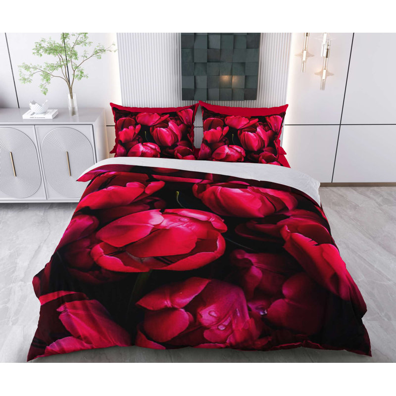 Ensemble de housse de couette, Housse de couette pour lit simple + 1 taie d'oreil, Motif floral rouge / noir 3