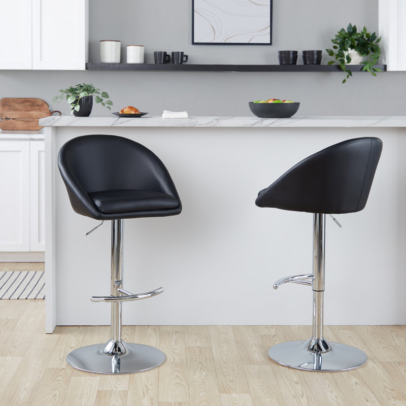 Maddison High Back Faux Leather Adjustable Barstool With Rounded T Footrest, Chrome, Black